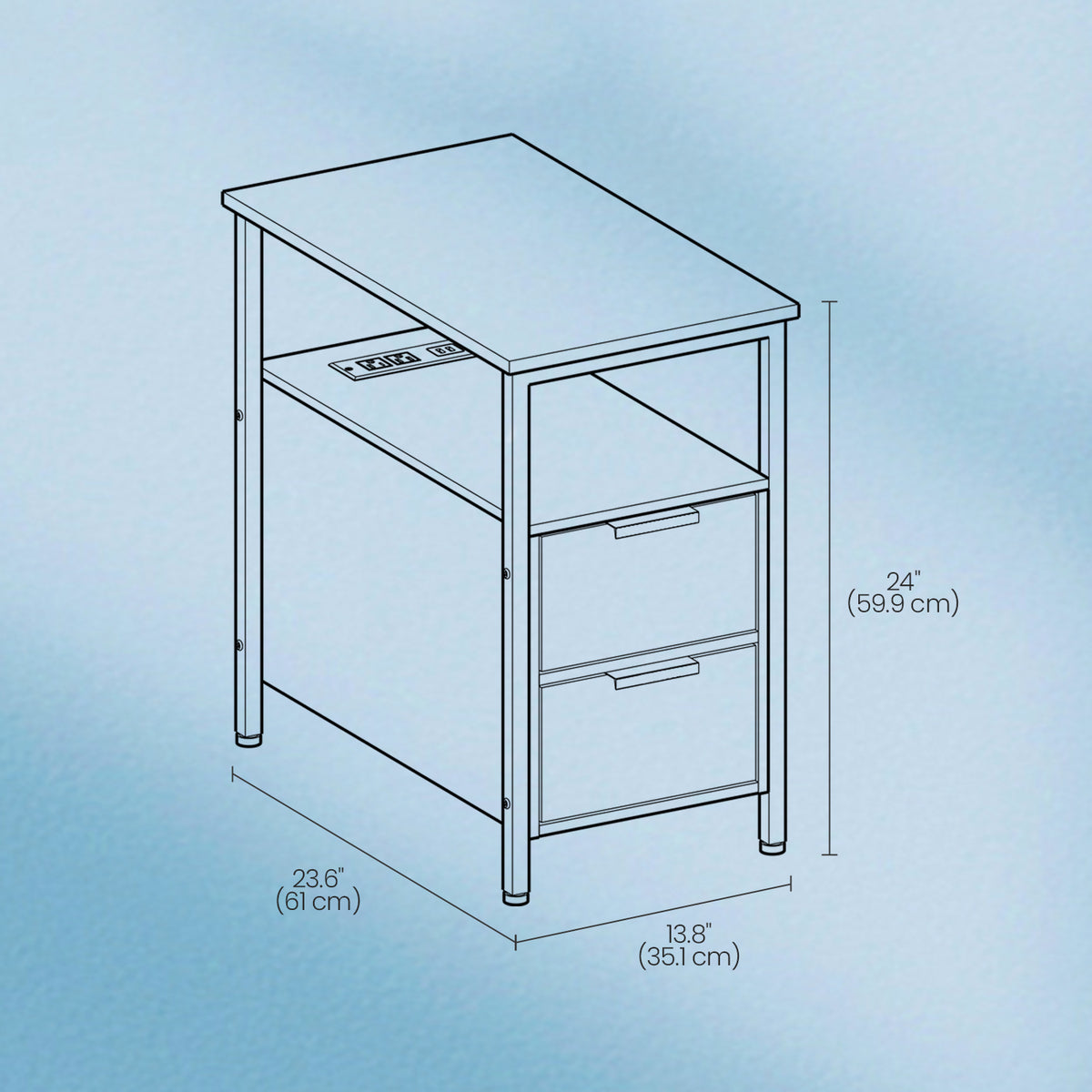 Narrow Charging Side Table - Slim End Table with 2 Drawers & Power Strip, Space-Saving Nightstand, Greige and Black