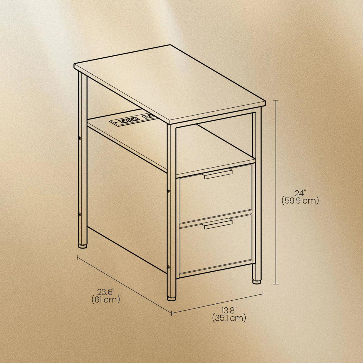 Narrow Charging Side Table - Slim End Table with 2 Drawers & Power Strip, Space-Saving Nightstand for Small Spaces, Black
