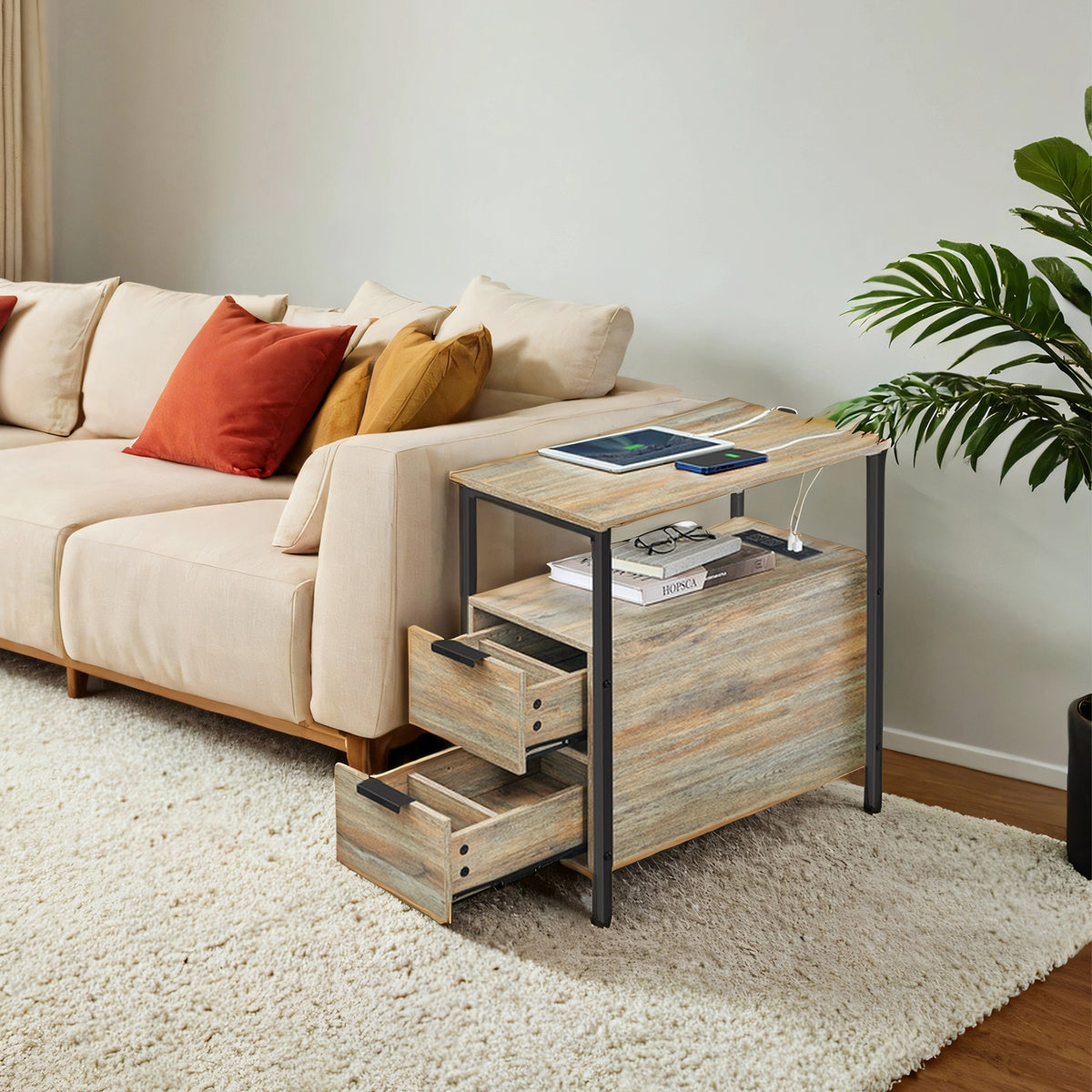 Narrow Charging Side Table - Slim End Table with 2 Drawers & Power Strip, Oak with Blue Grains and Black