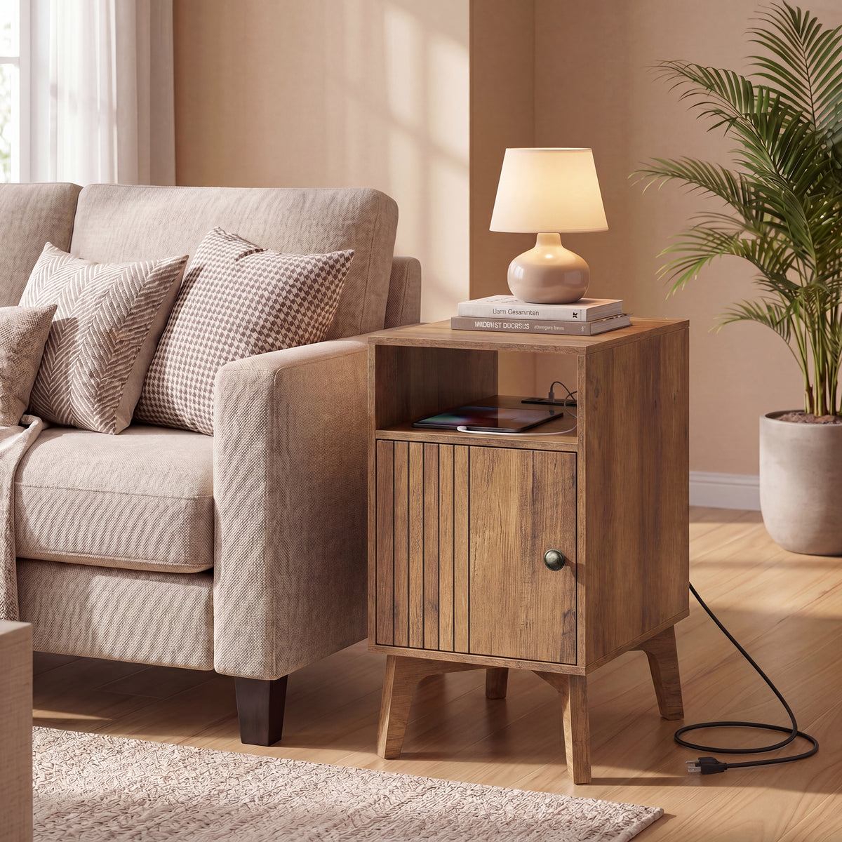 Side Table with Charging Station, Nightstand with Cabinet, Narrow End Table, Tapered Legs, Brown