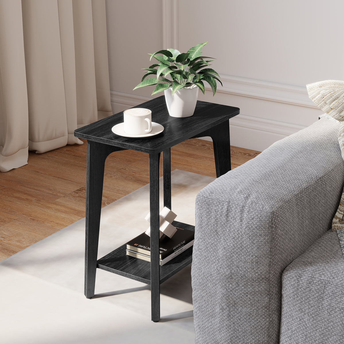 2-Tier Side Table, Small Rectangular End Table, Nightstand with Tapered Legs, Curved Transitions, for Small Spaces, Charcoal Gray