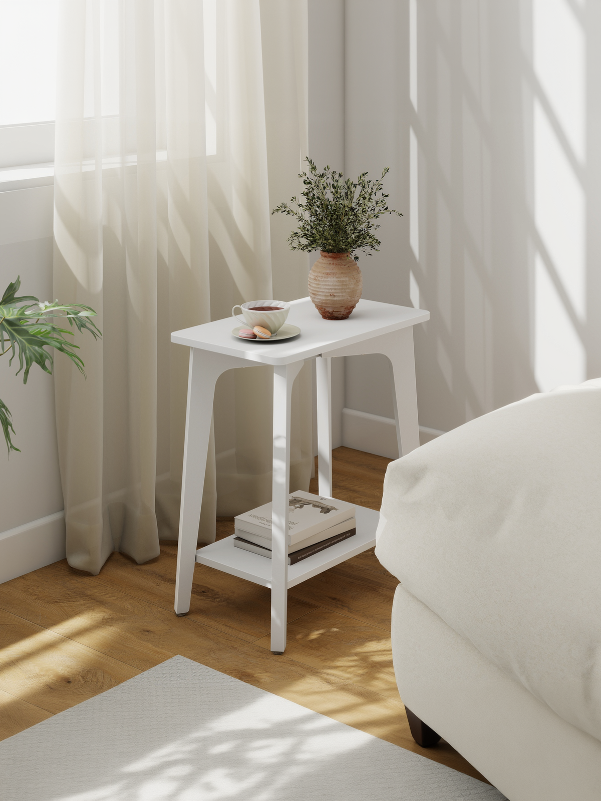 2-Tier Rectangular Side Table, Small End Table with Tapered Legs for Small Spaces, Nightstand for Living Room and Bedroom, Cloud White