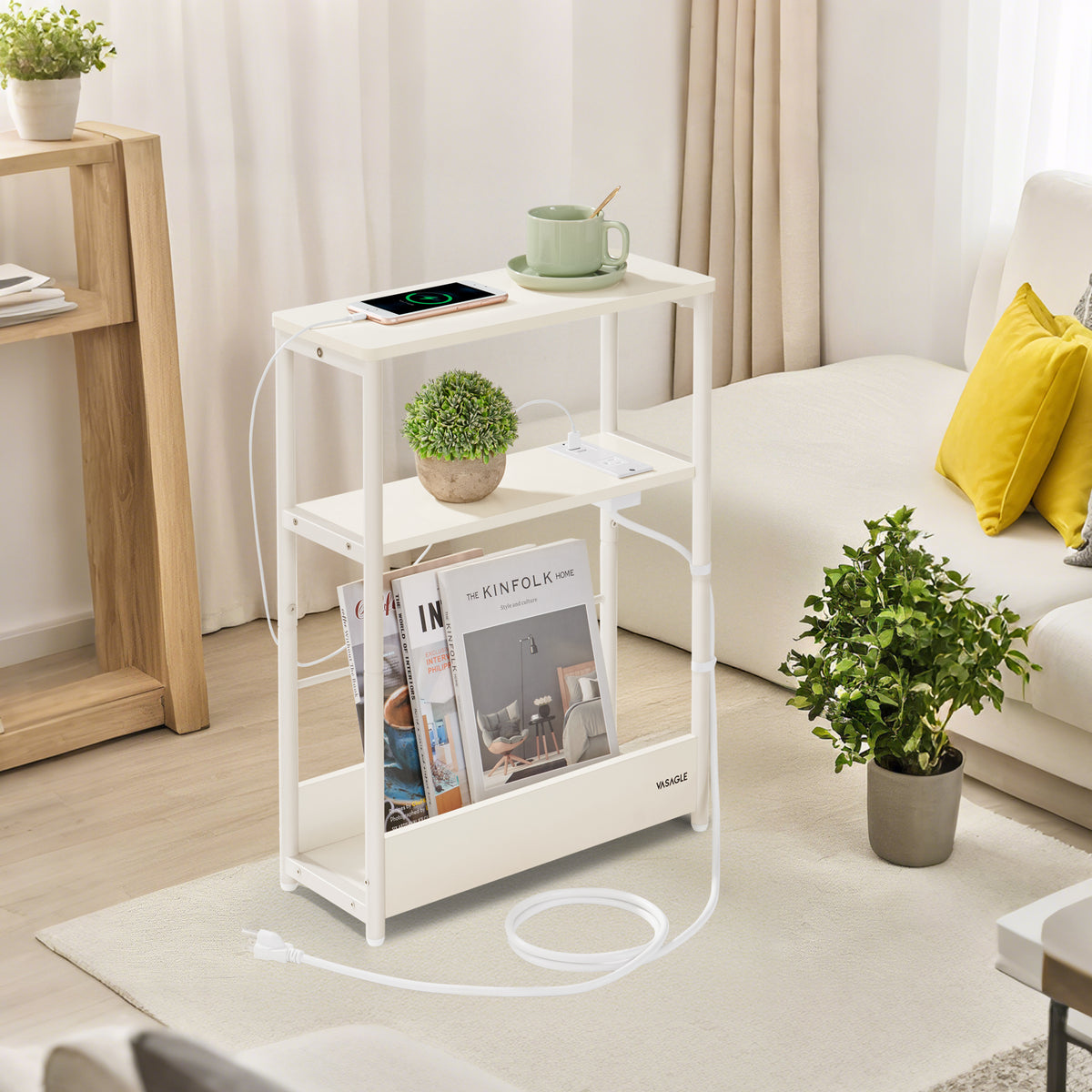 3-Tier Side Table with Charging Station, Narrow End Table with AC Outlet & USB Ports, 22.8 Inch Sofa Table for Small Spaces, Cream White