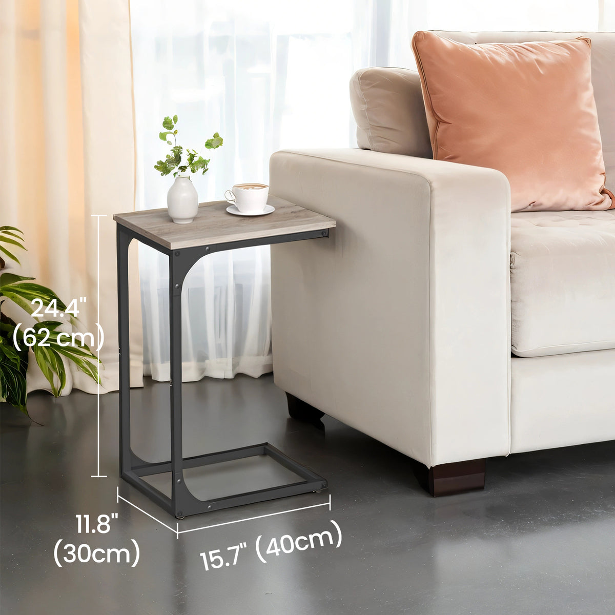 2-Pack C-Shaped End Tables - Slim Sofa Side Tables, 24.4" Height, Sturdy Metal Frame, Greige and Black