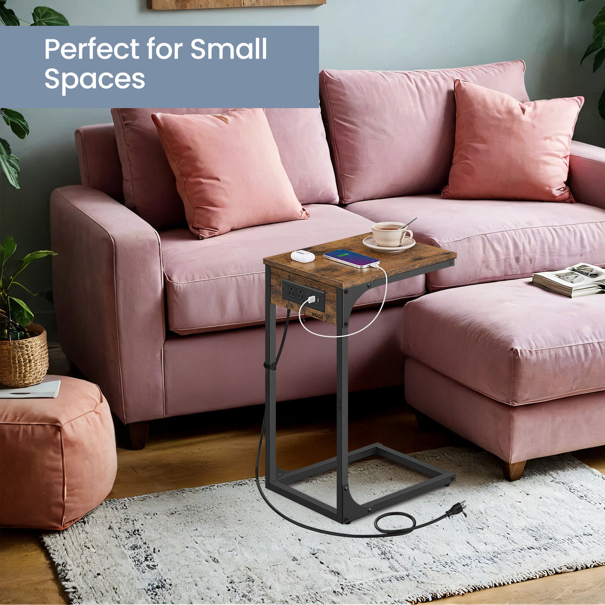 C-Shaped End Table with Built-in Charging Station, 2 USB Ports & 2 Outlets, Adjustable Feet for Sofa or Bed, Rustic Brown