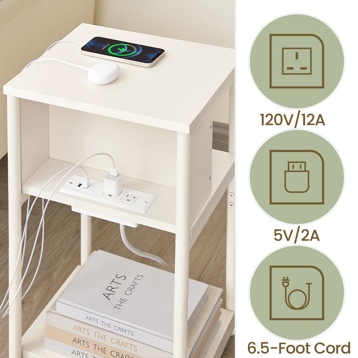 3-Tier Charging Side Table - End Table with 2 Outlets & 2 USB Ports, Space-Saving Nightstand in Cream White