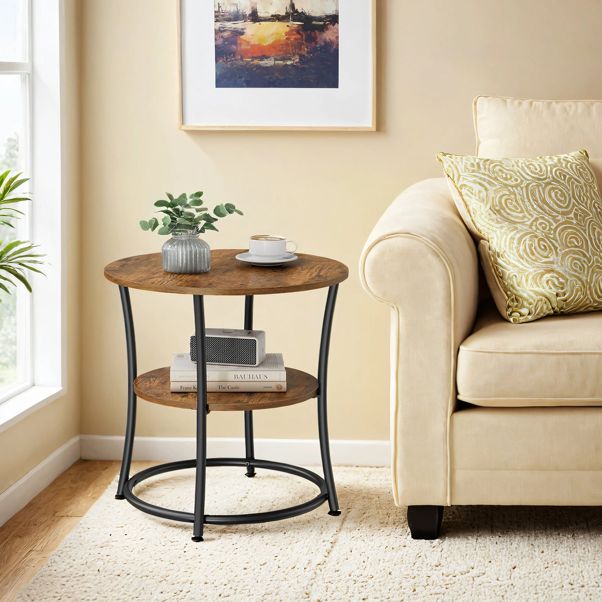 Round Side Table with Storage - 2-Tier Design, Steel Frame, 66lb Capacity, Space-Saving, Rustic Brown and Black