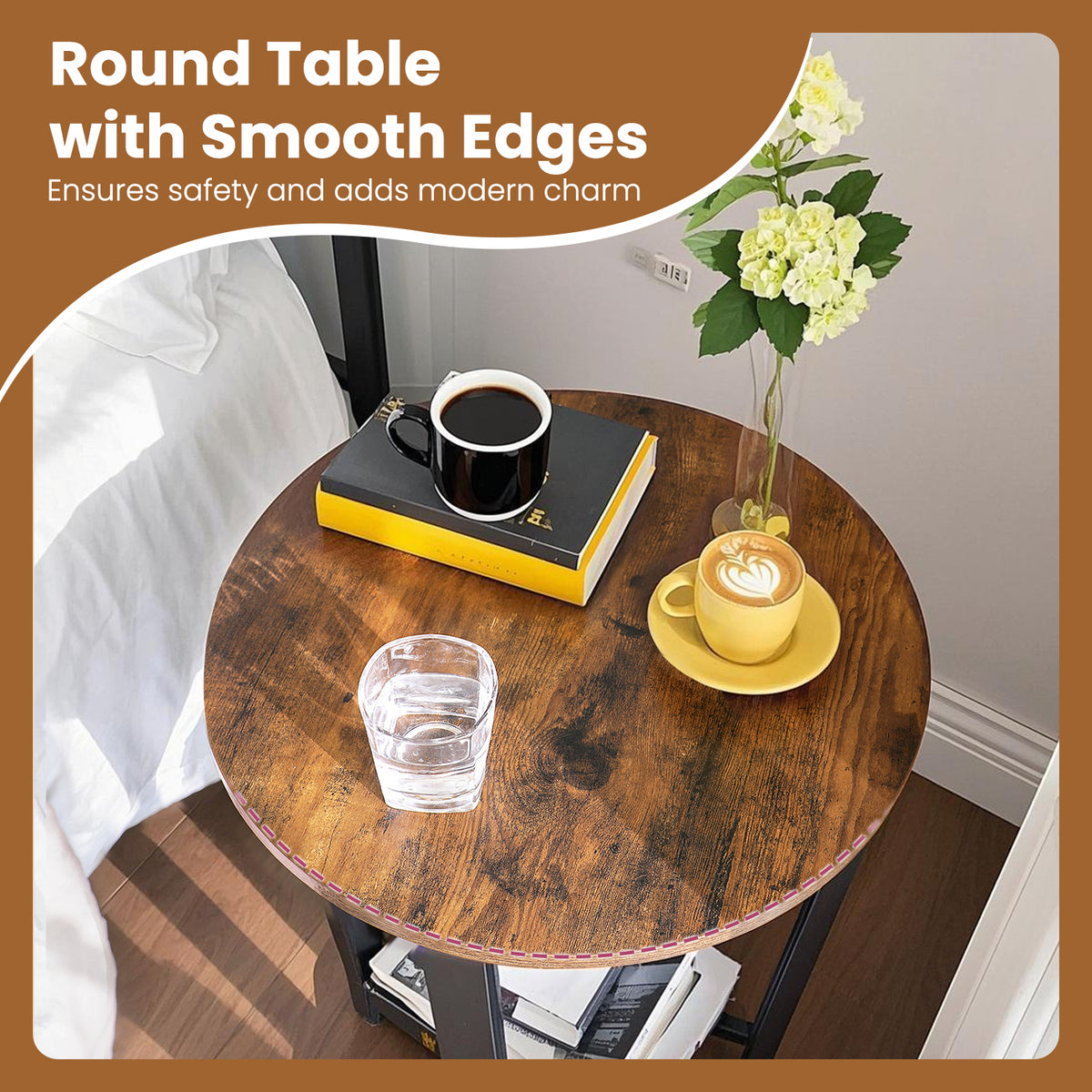 2-Tier Round Side Table, Industrial Accent Table with Storage Shelf, Easy Assembly Nightstand for Small Spaces, Rustic Brown & Ink Black