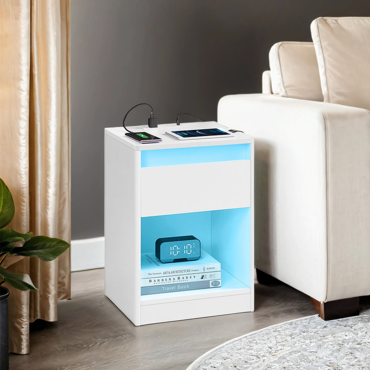LED Nightstand with Charging Station, Adjustable RGB Light Modes, Bedside Table with Drawer and Open Shelf, Built-In Outlets and USB Ports, Modern Side Table, Cloud White