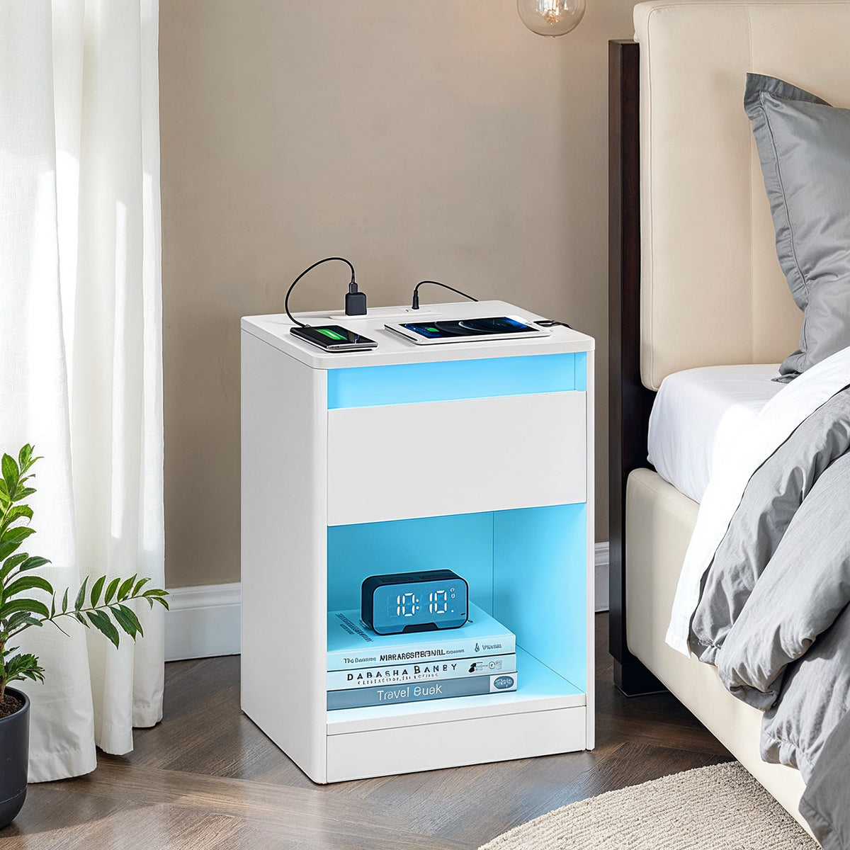 LED Nightstand with Charging Station, Adjustable RGB Light Modes, Bedside Table with Drawer and Open Shelf, Built-In Outlets and USB Ports, Modern Side Table, Cloud White
