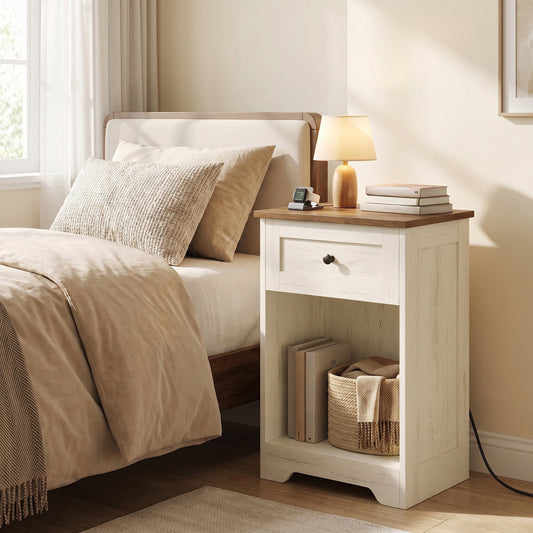 Traditional Basic Nightstand with Charging Station, Drawer and Open Shelf, 15.7 x 11.8 x 23.2 Inches, White