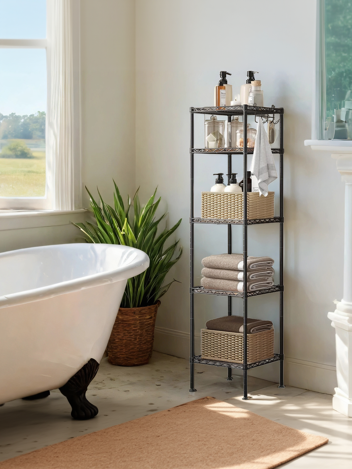 5-Tier Bathroom Shelf with PP Liners and Removable Hook, Extendable Small Space Storage Rack, Ink Black and Rustic Brown
