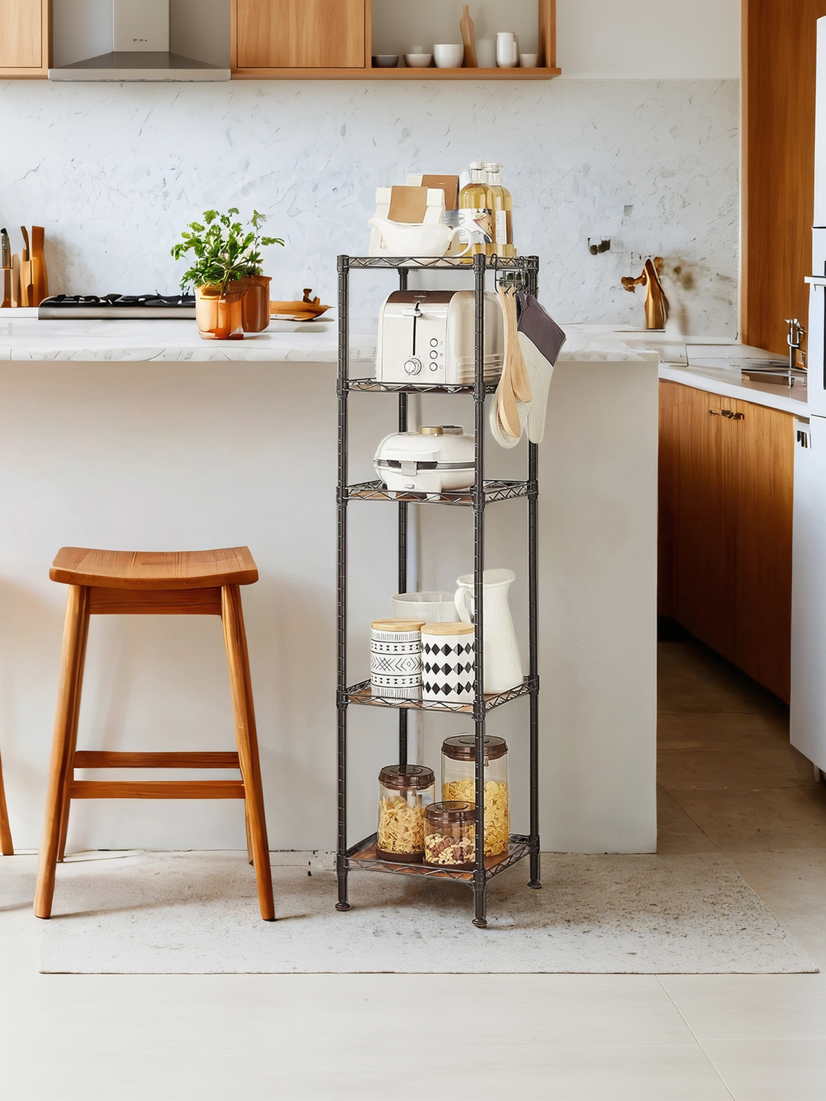 5-Tier Bathroom Shelf with PP Liners and Removable Hook, Extendable Small Space Storage Rack, Ink Black and Rustic Brown