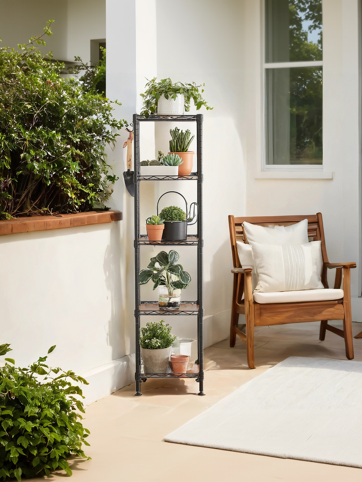 5-Tier Bathroom Shelf with PP Liners and Removable Hook, Extendable Small Space Storage Rack, Ink Black and Rustic Brown