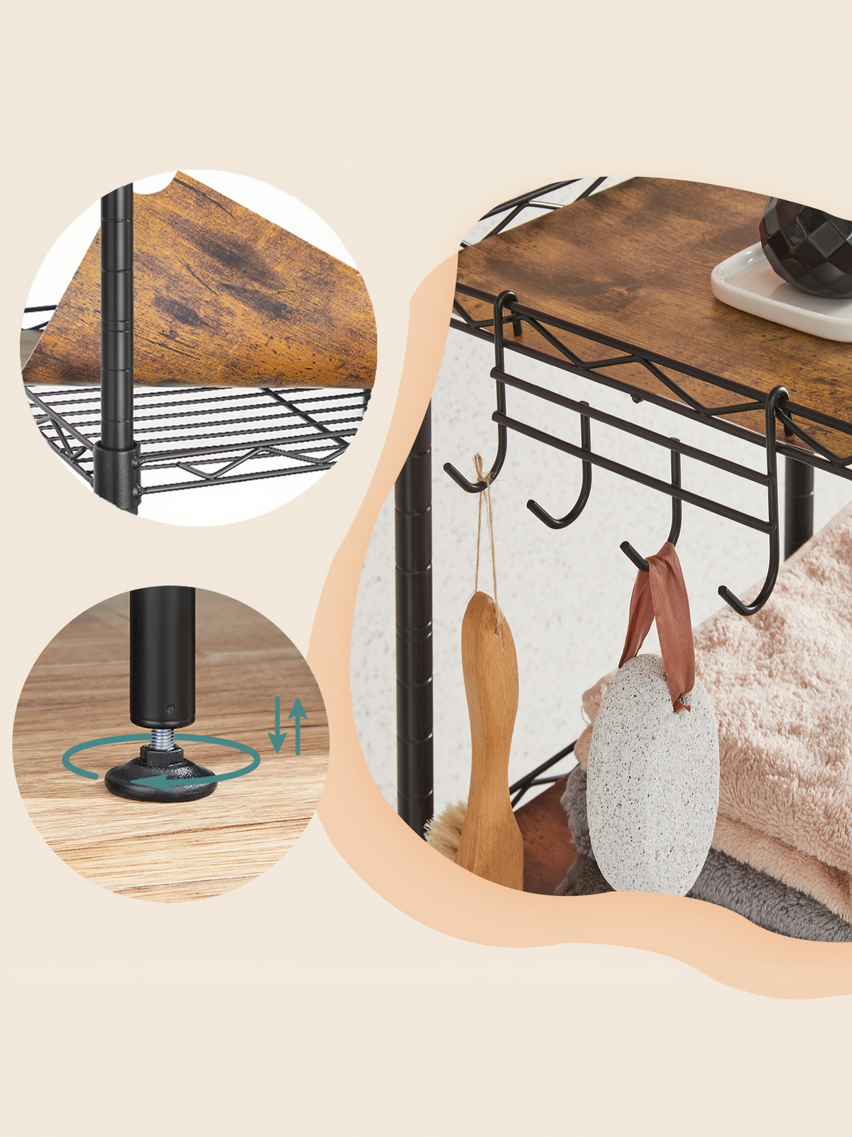5-Tier Bathroom Shelf with PP Liners and Removable Hook, Extendable Small Space Storage Rack, Ink Black and Rustic Brown