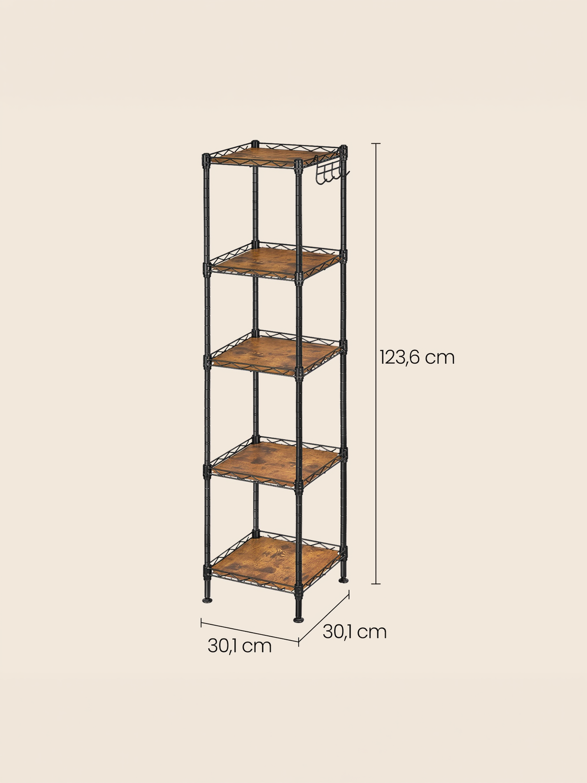 5-Tier Bathroom Shelf with PP Liners and Removable Hook, Extendable Small Space Storage Rack, Ink Black and Rustic Brown