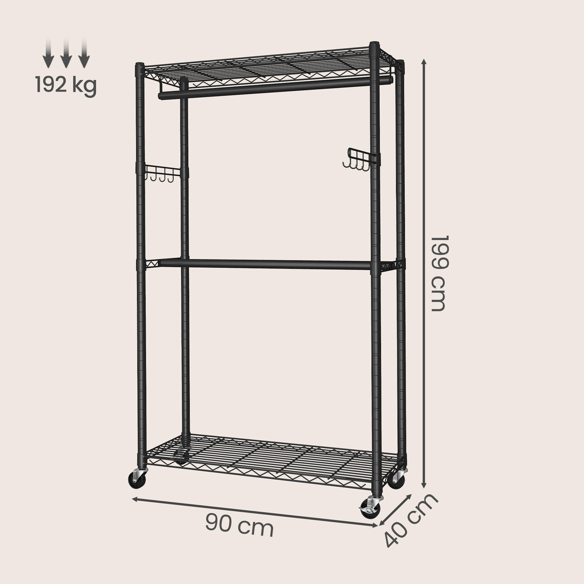 Heavy-Duty Rolling Clothes Rack, Portable Garment Rack on Wheels with Adjustable Mesh Shelves & Hanging Rails, Tool-Free Assembly, Ink Black