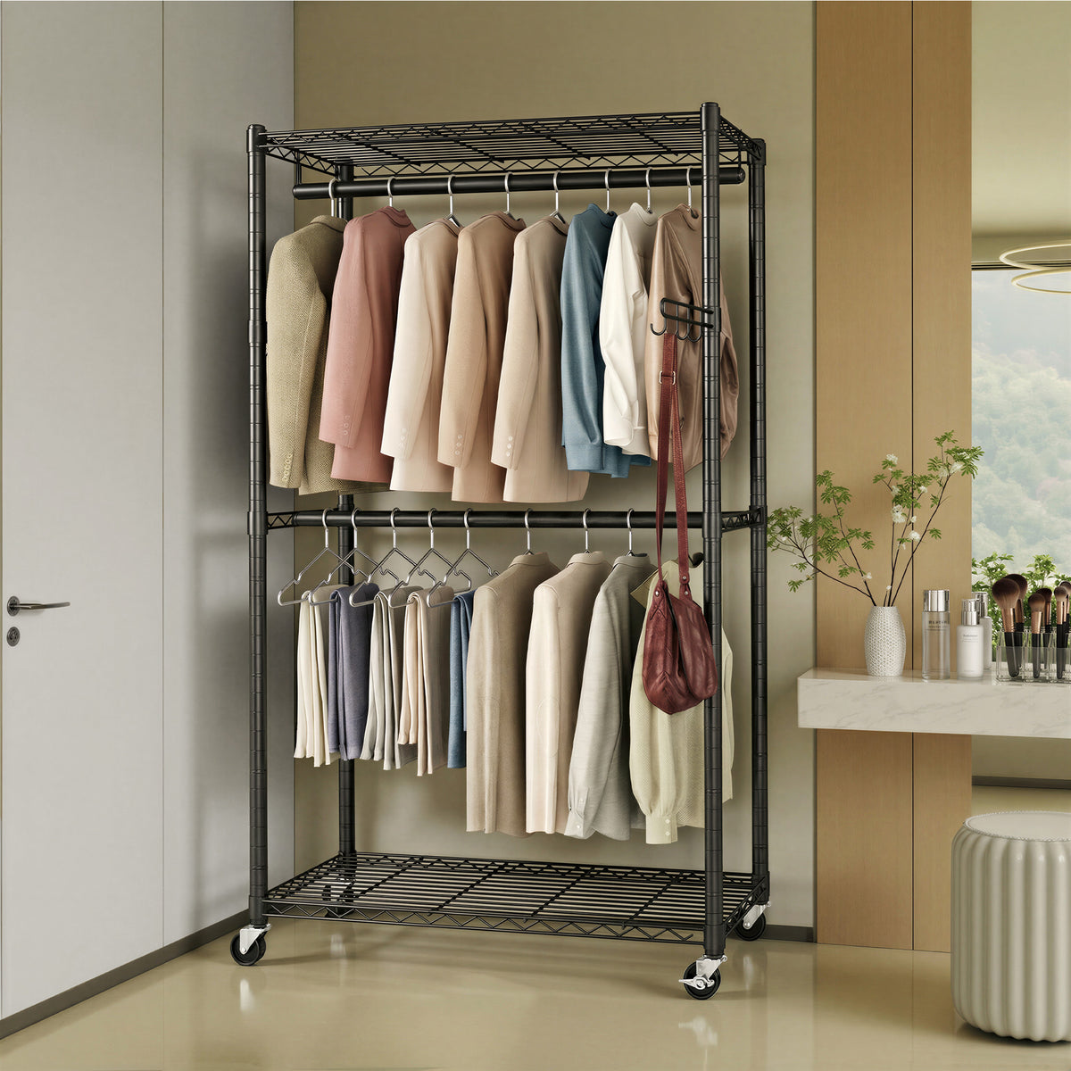 Heavy-Duty Rolling Clothes Rack, Portable Garment Rack on Wheels with Adjustable Mesh Shelves & Hanging Rails, Tool-Free Assembly, Ink Black