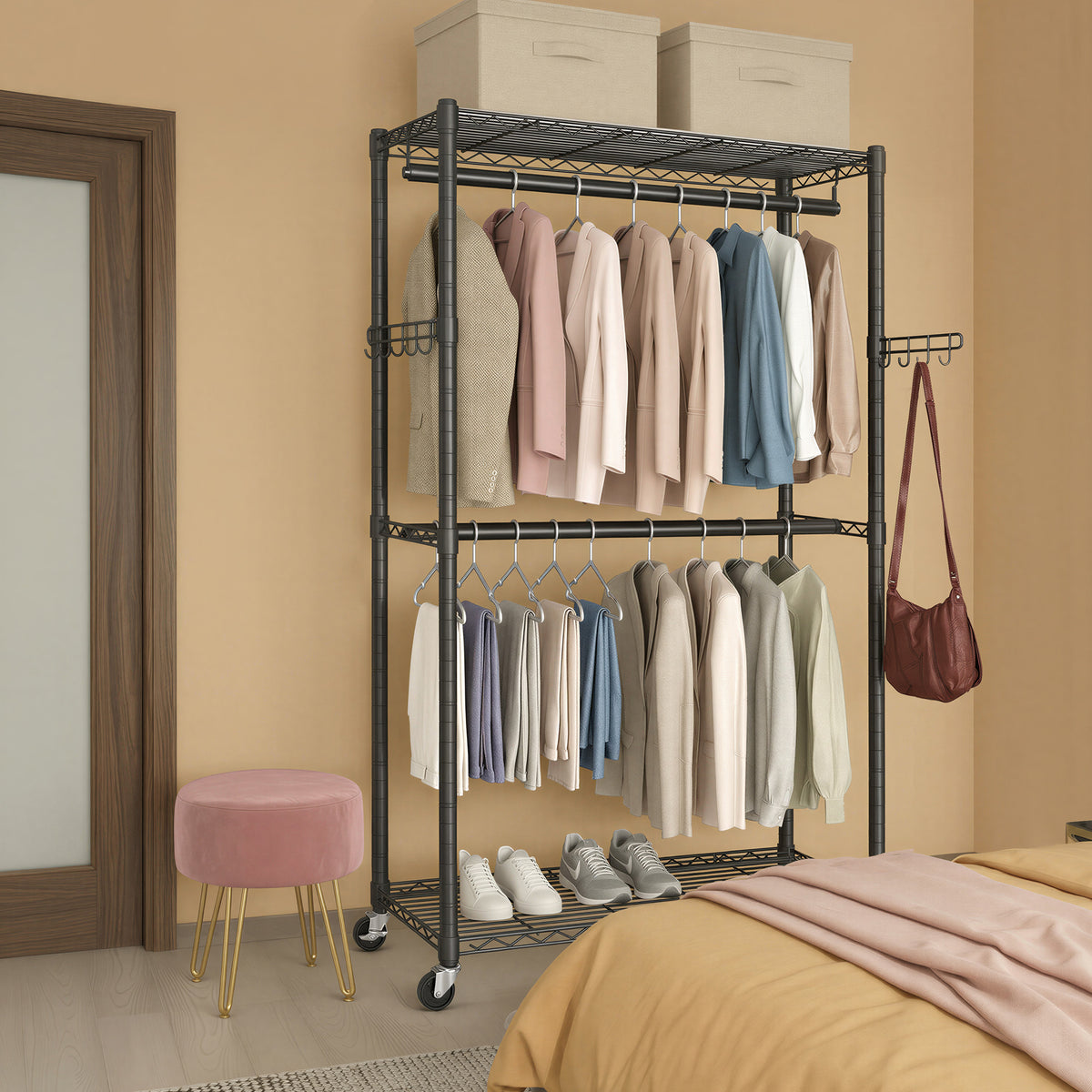Heavy-Duty Rolling Clothes Rack, Portable Garment Rack on Wheels with Adjustable Mesh Shelves & Hanging Rails, Tool-Free Assembly, Ink Black