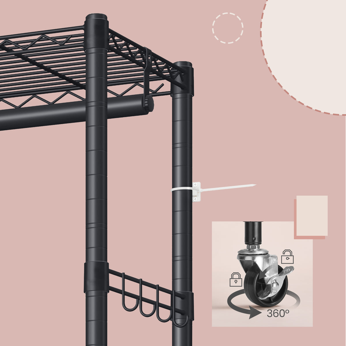 Heavy-Duty Rolling Clothes Rack, Portable Garment Rack on Wheels with Adjustable Mesh Shelves & Hanging Rails, Tool-Free Assembly, Ink Black