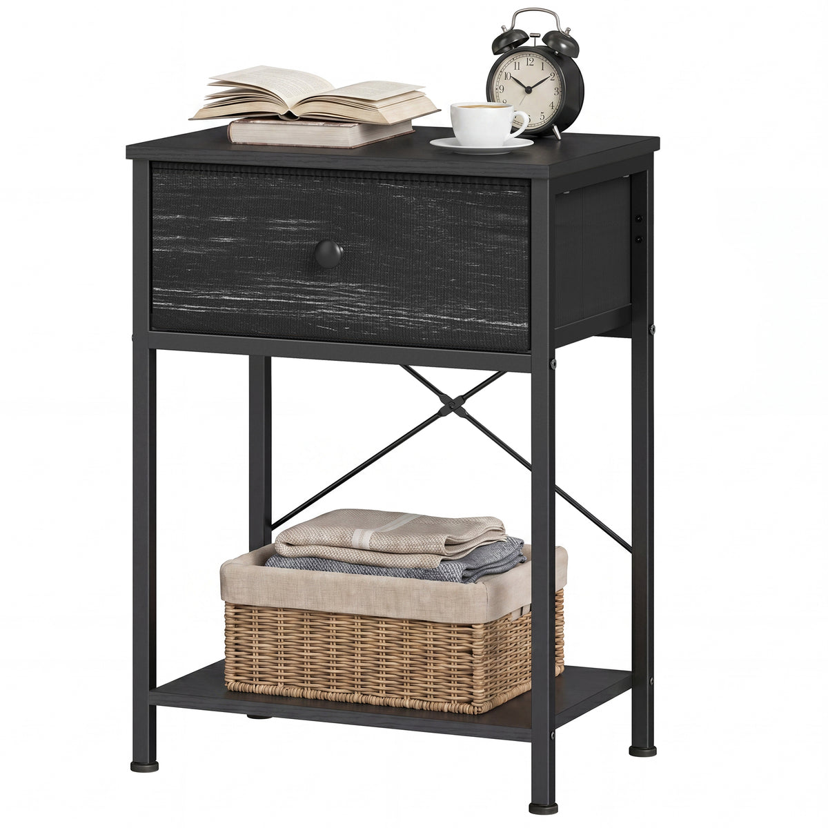 Side Table, Narrow Bedside Table with Fabric Drawer for Small Spaces, 15.6 x 11.8 x 23.8 inches, Black