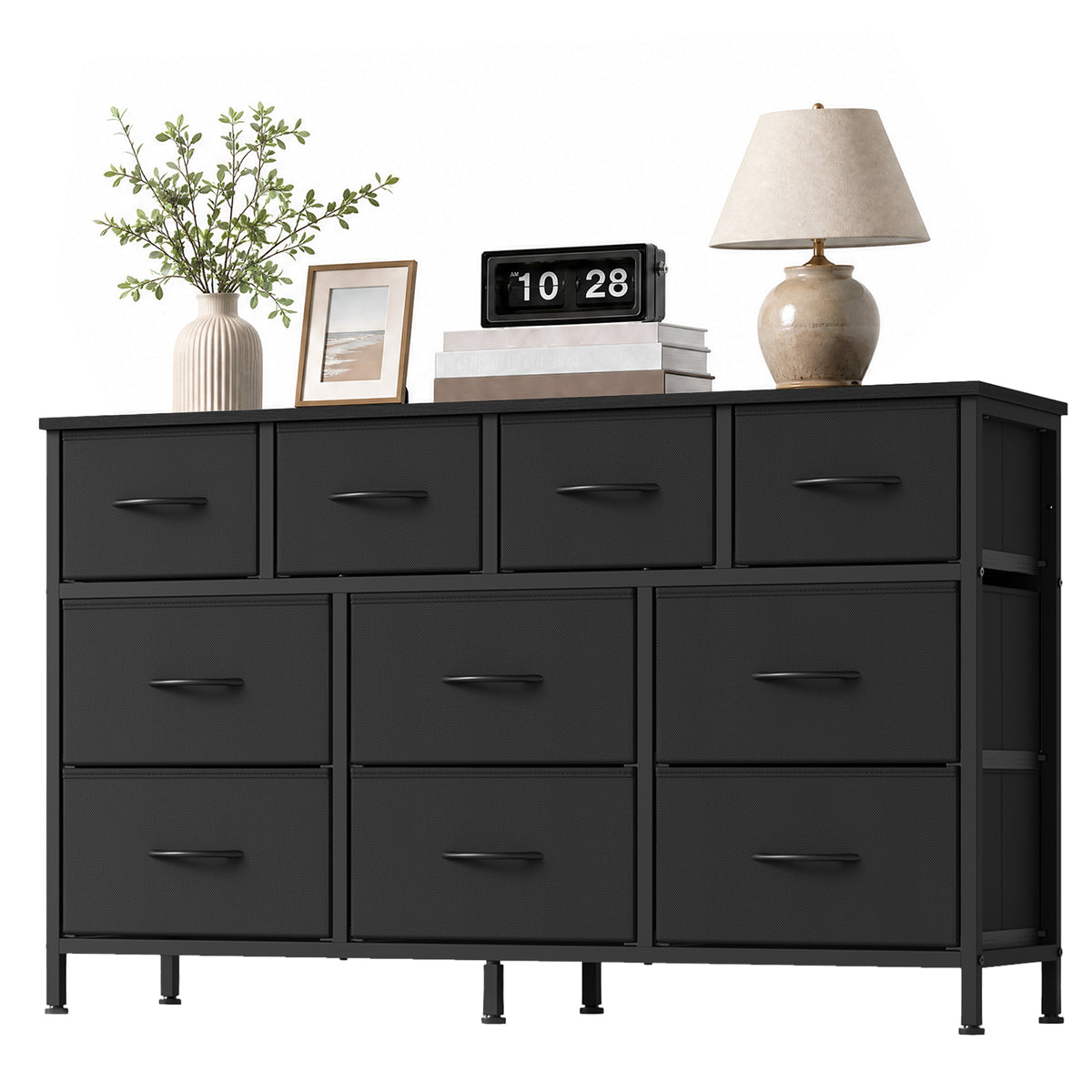 10-Drawer Dresser with Steel Frame, TV Stand for 55" Screens, Storage Chest for Bedroom Living Room, Ink Black