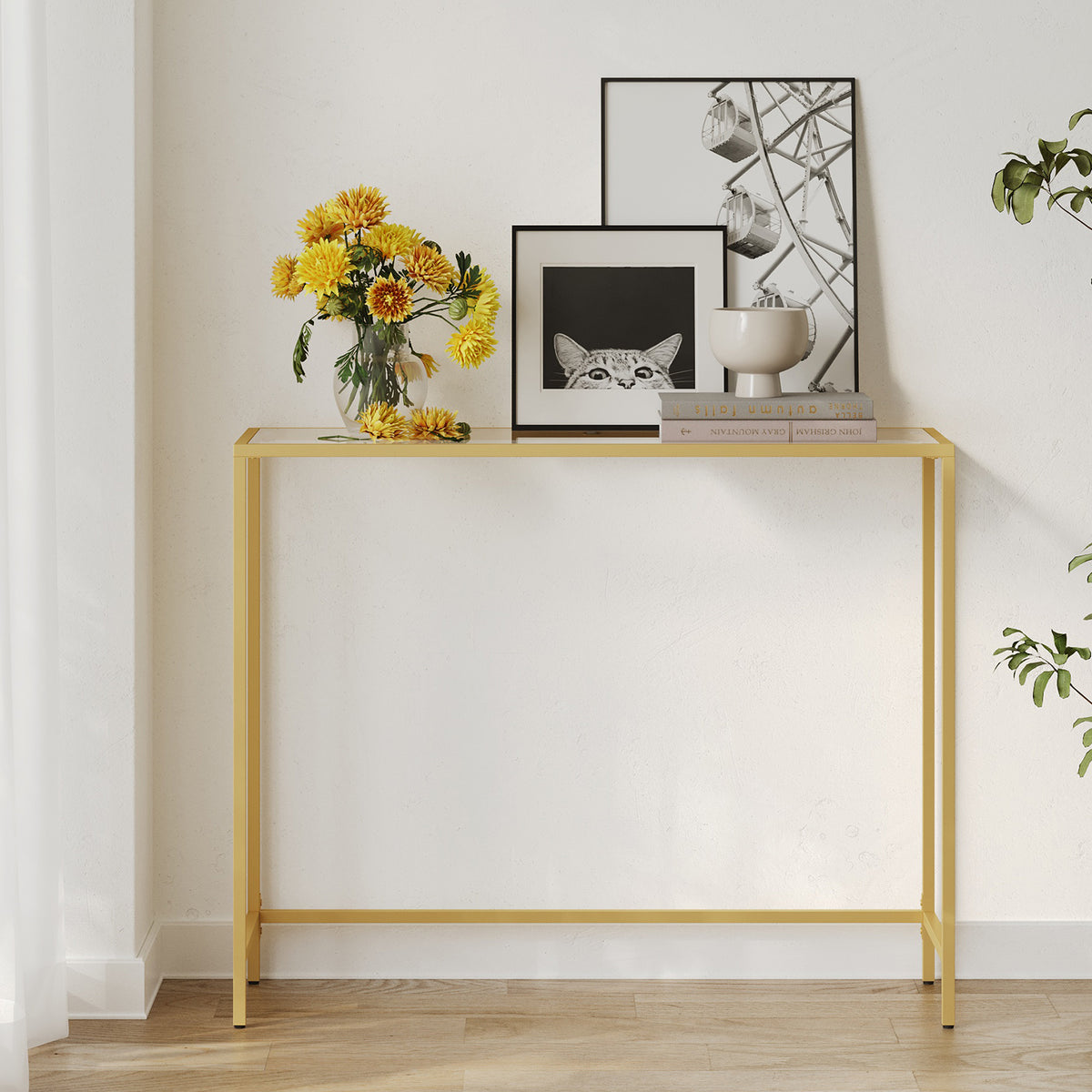39.4 Inch Console Table, Tempered Glass Sofa Table with Metal Frame & Adjustable Feet, Modern Entryway Table, Gold