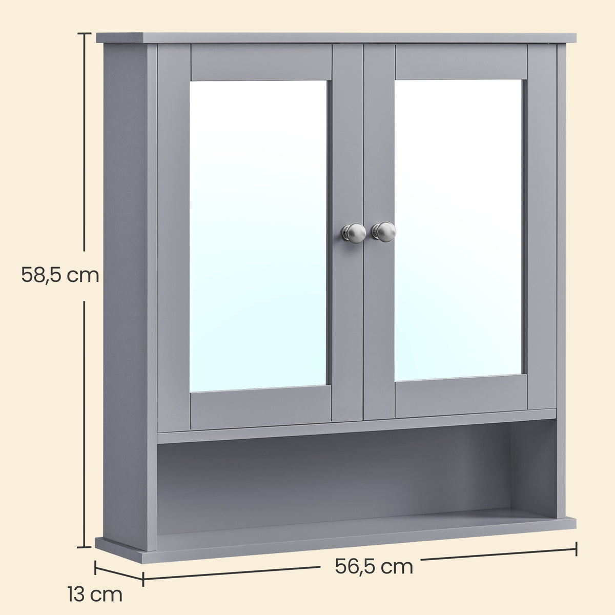 Bathroom Cabinet with 2 Mirrored Doors, 22.2 Inch Wall-Mounted Medicine Cabinet with Adjustable Shelf & Open Compartment, Dove Gray