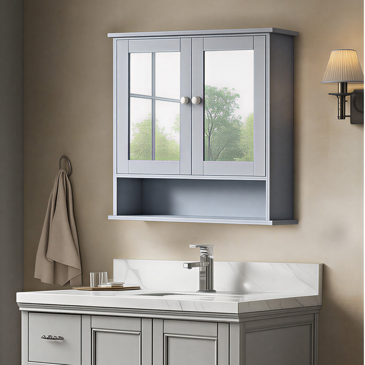 Bathroom Cabinet with 2 Mirrored Doors, 22.2 Inch Wall-Mounted Medicine Cabinet with Adjustable Shelf & Open Compartment, Dove Gray