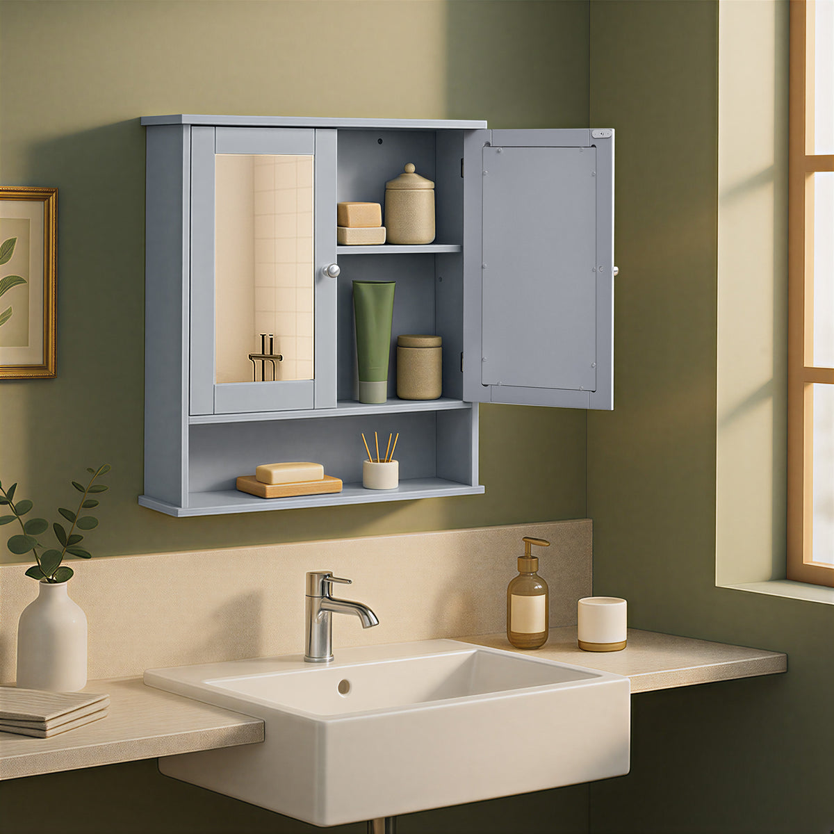 Bathroom Cabinet with 2 Mirrored Doors, 22.2 Inch Wall-Mounted Medicine Cabinet with Adjustable Shelf & Open Compartment, Dove Gray