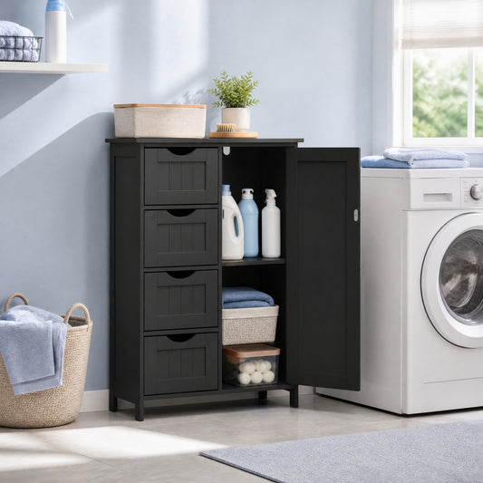 Tall Freestanding Storage Unit, 1-Door Cupboard with Adjustable Shelves, Black