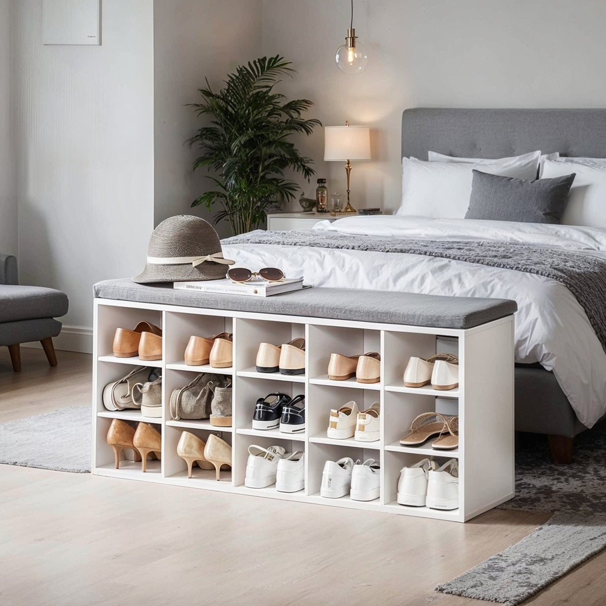 Entryway Shoe Bench with Storage - 15-Compartment Organizer with Removable Cushion, 440lb Capacity, Cloud White and Dove Gray