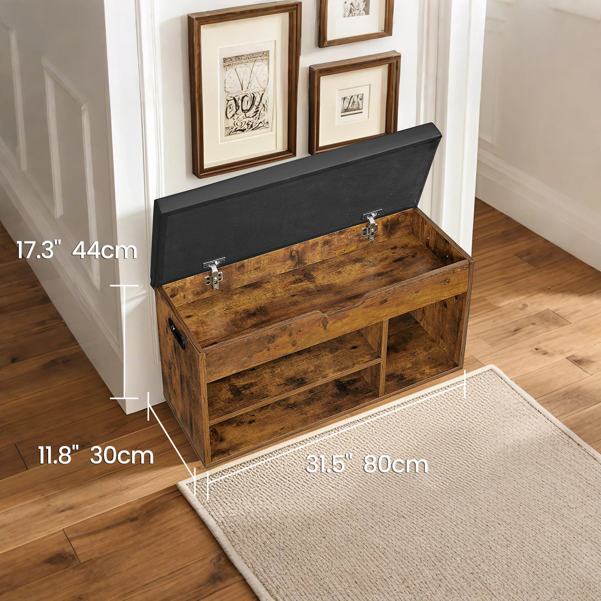 Collection Storage Bench with Padded Seat, 300lb Capacity Shoe Organizer with Compartment & Open Shelf, Rustic Brown and Black