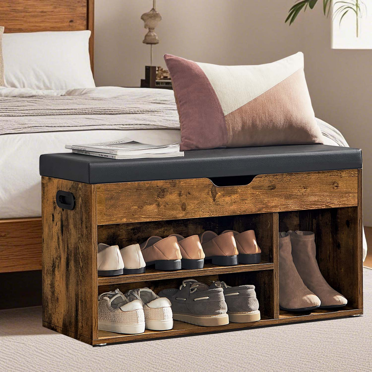 Collection Storage Bench with Padded Seat, 300lb Capacity Shoe Organizer with Compartment & Open Shelf, Rustic Brown and Black