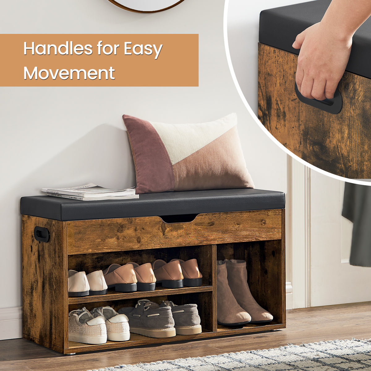 Collection Storage Bench with Padded Seat, 300lb Capacity Shoe Organizer with Compartment & Open Shelf, Rustic Brown and Black