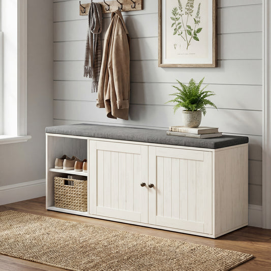 Storage Bench with Shoe Storage, Toolless Assembly Entryway Bench with Cushion & Adjustable Shelves, 40 x 17 x 14 Inches, Rustic White and Slate Gray