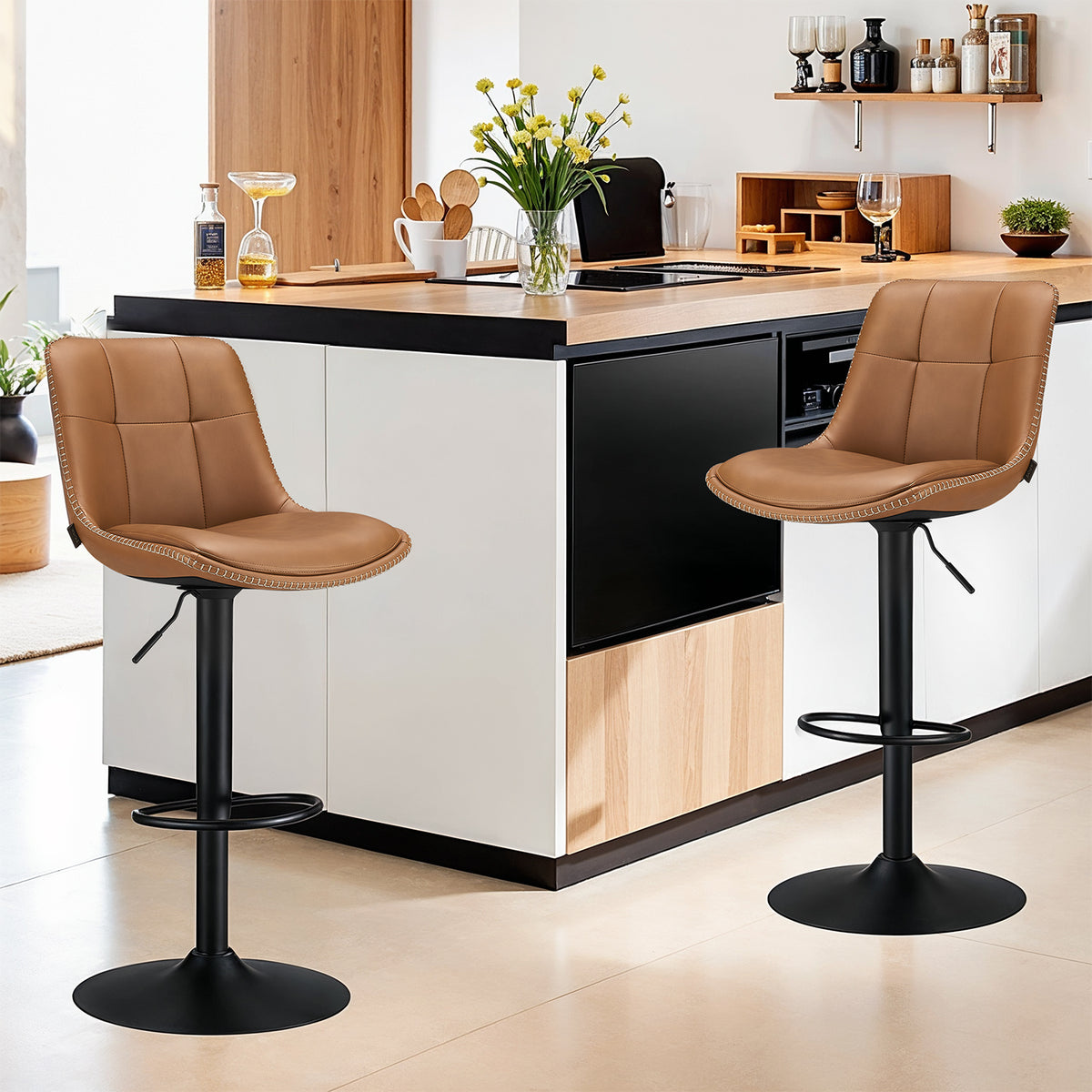LEDREM Swivel Bar Stools Set of 2, Adjustable Height Counter Stools with Quilted Back, Synthetic Leather Seats, Footrest, Steel Frame, Kitchen & Dining Use, Caramel Brown