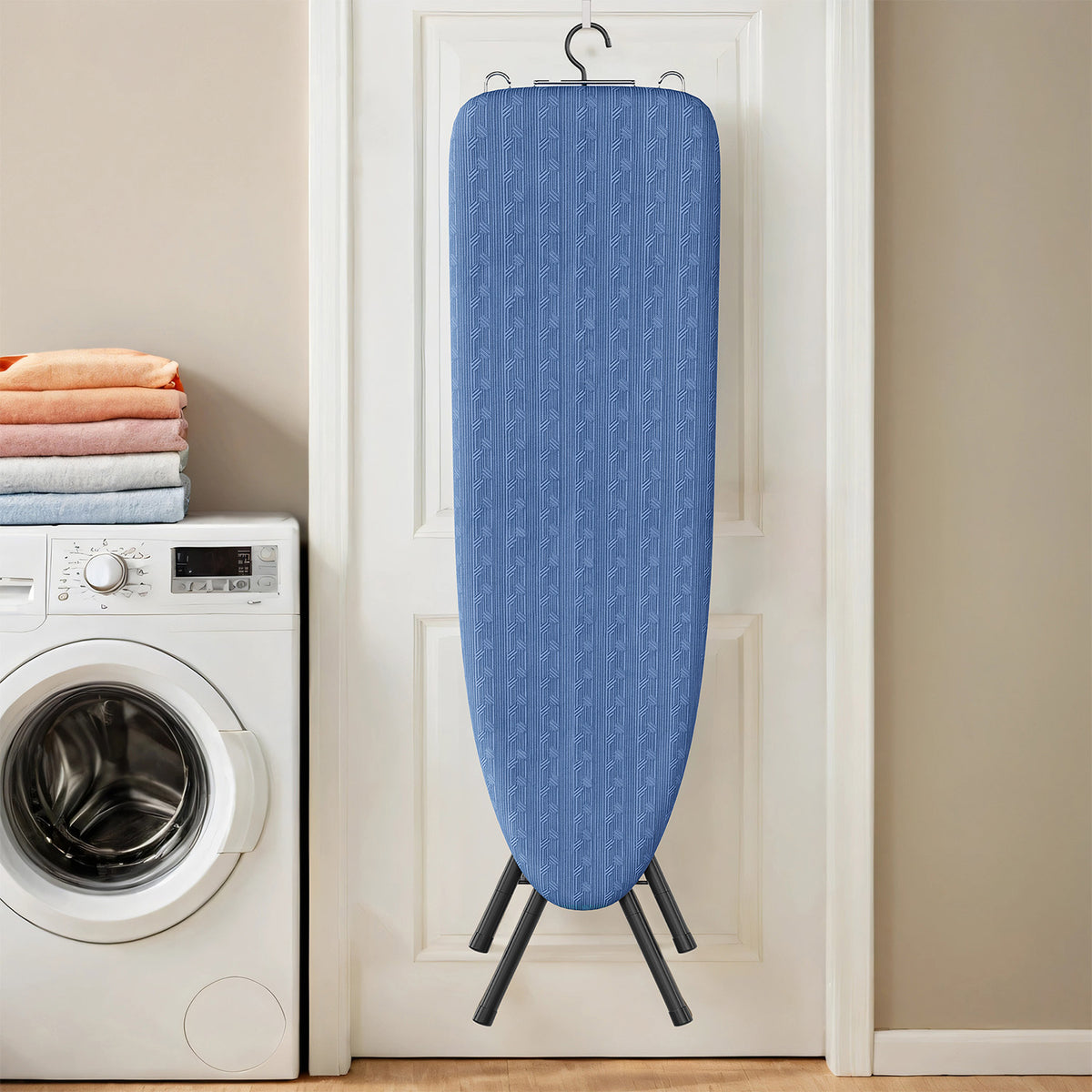 Foldable Iron Board, Height Adjustable, with 4 Layered Cover and Pad, Iron Rest, Hook, Steel X-Legs, for Dorm, Blue