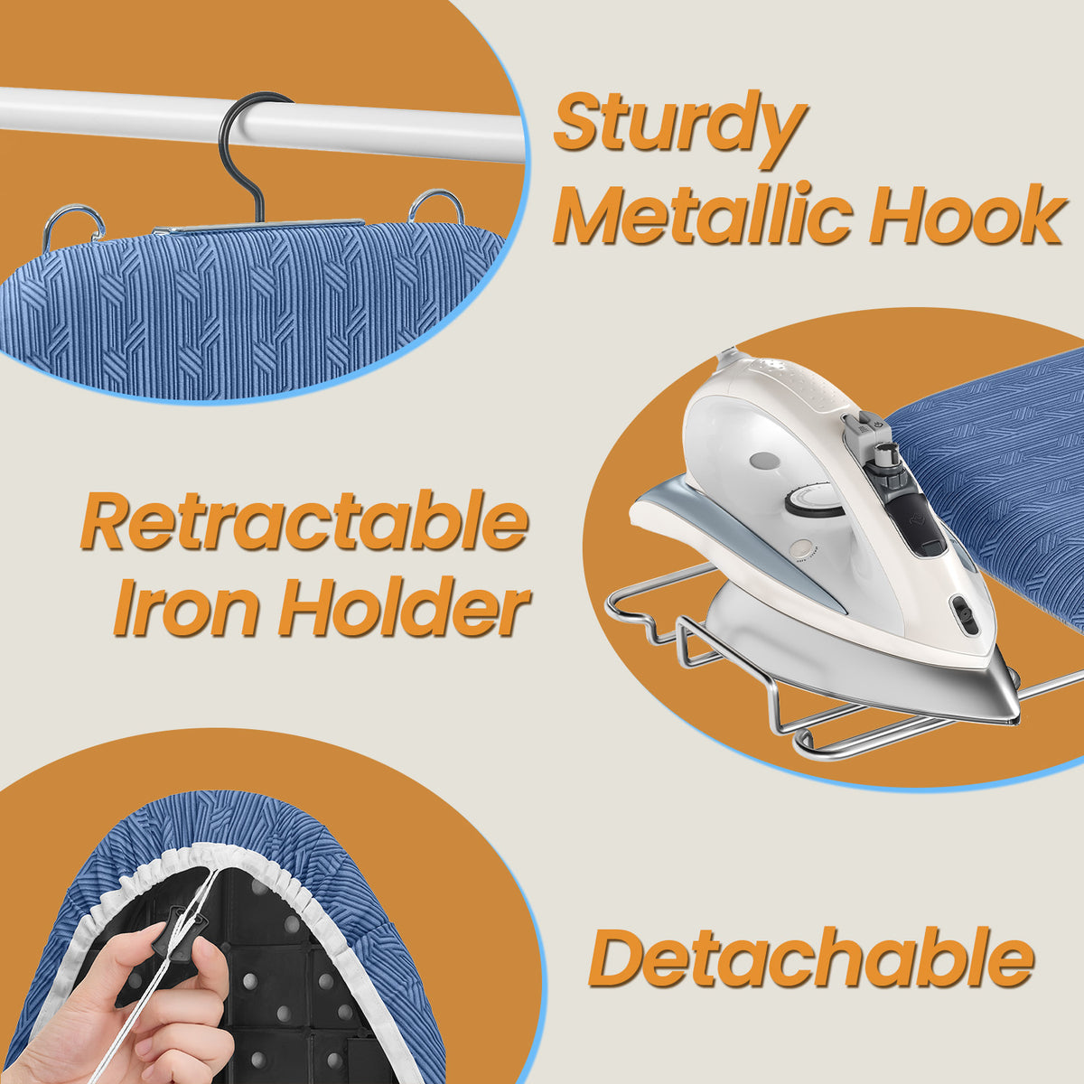 Foldable Iron Board, Height Adjustable, with 4 Layered Cover and Pad, Iron Rest, Hook, Steel X-Legs, for Dorm, Blue