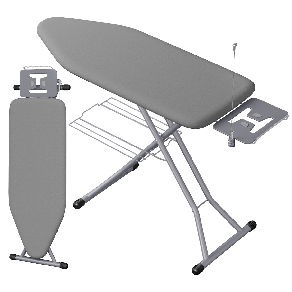 Ironing Board, Folding Steel Frame with Iron Rest and Storage Rack, 58.3 x 18.5 x 28.3-36.2 inches, Grey