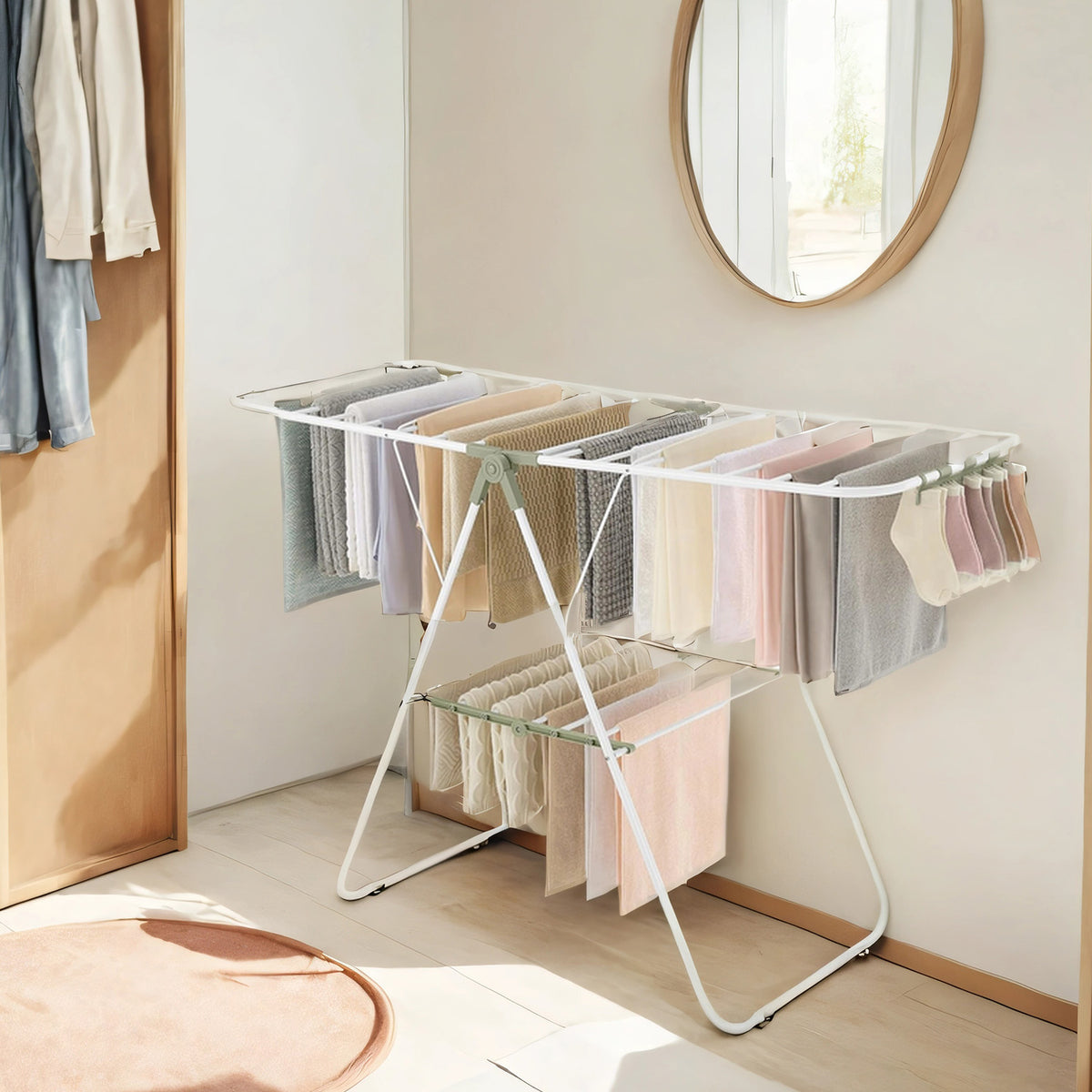 Foldable Clothes Drying Rack with Sock Clips, Metal Laundry Airer, Space-Saving Free-Standing Design, Adjustable Wings for Indoor/Outdoor, White and Green