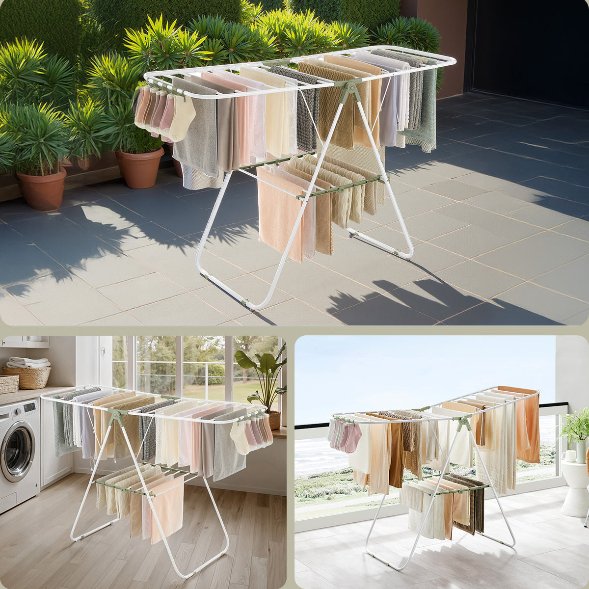 Foldable Clothes Drying Rack with Sock Clips, Metal Laundry Airer, Space-Saving Free-Standing Design, Adjustable Wings for Indoor/Outdoor, White and Green