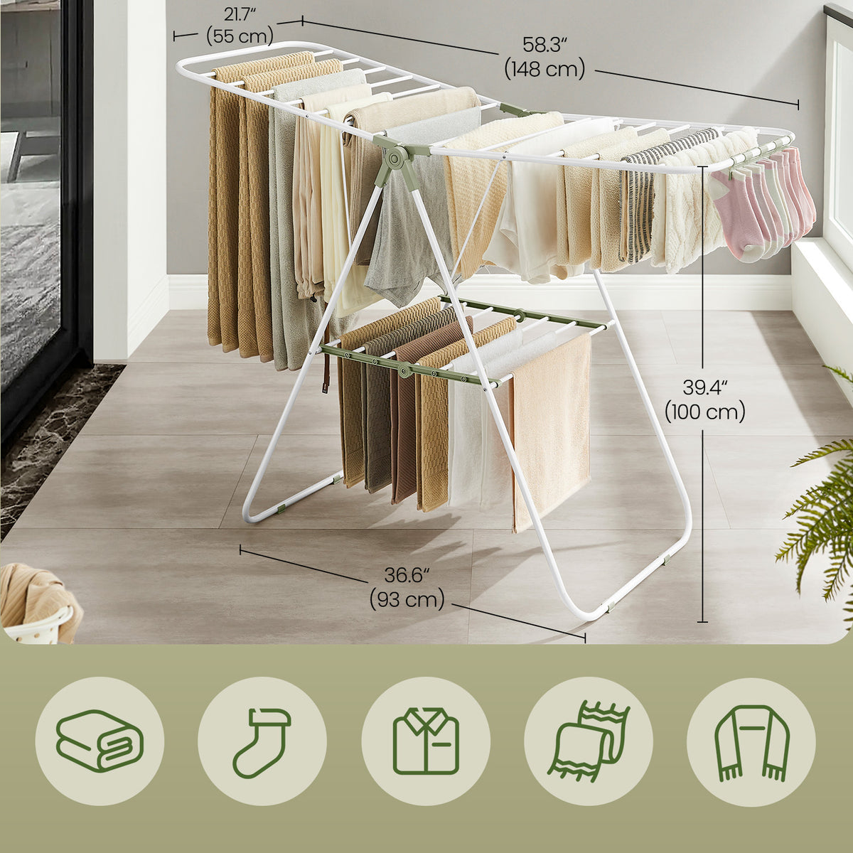 Foldable Clothes Drying Rack with Sock Clips, Metal Laundry Airer, Space-Saving Free-Standing Design, Adjustable Wings for Indoor/Outdoor, White and Green
