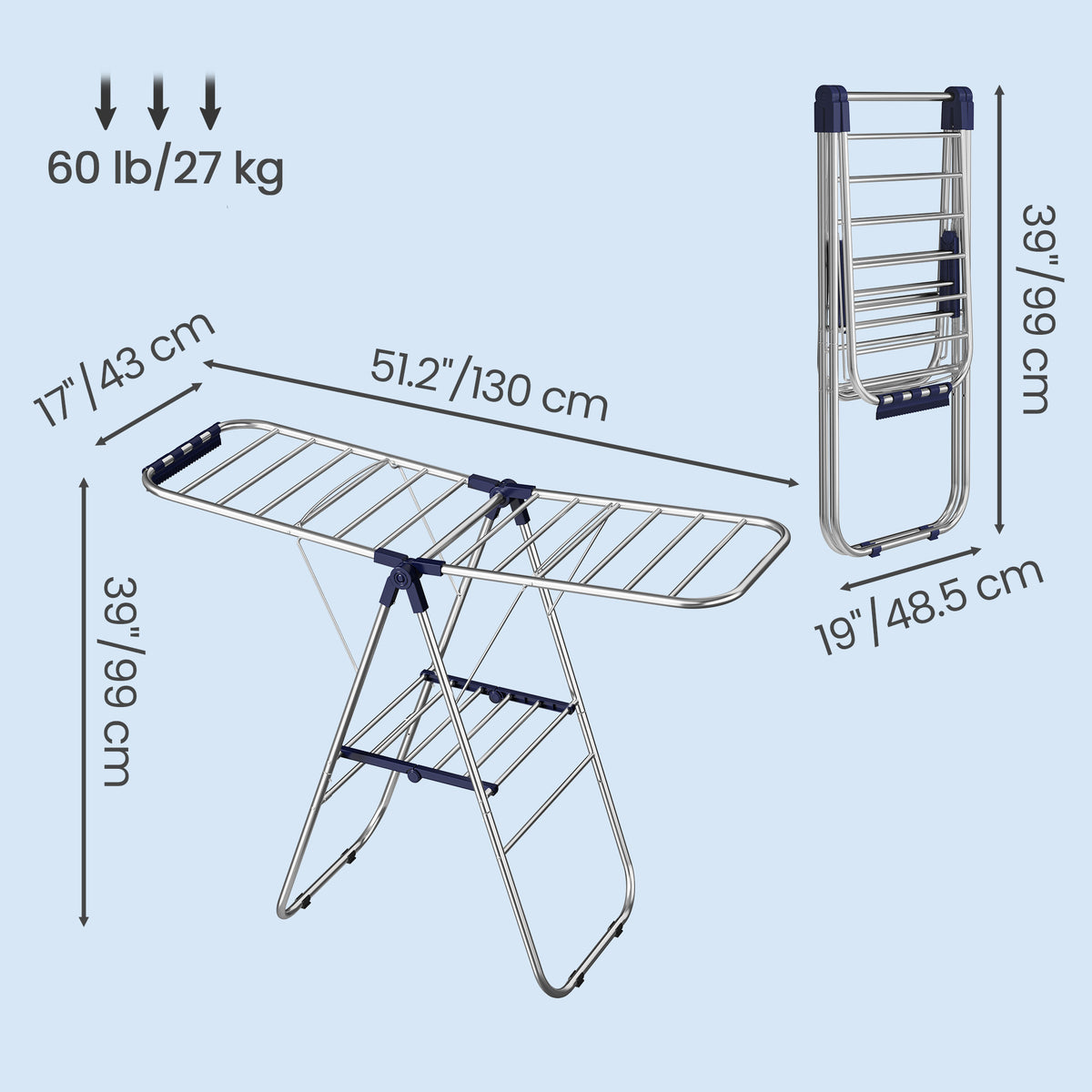 Foldable Metal Laundry Rack, Clothes Drying Rack, Height-Adjustable Gullwings, 17 x 51.2 x 39 Inches, Blue