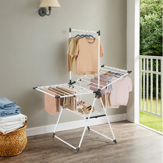 2-Level Foldable Drying Rack, 24-Rail Laundry Airer with Adjustable Wings & Hanging Bar, 55 lb Capacity, Simply White