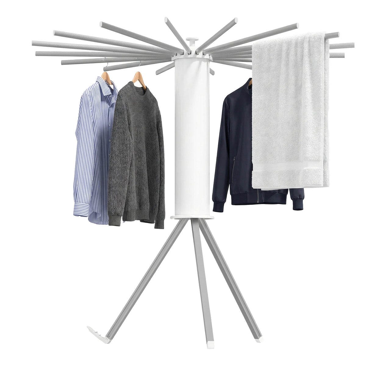 Folding Clothes Horse, Extendable Stand, Space-Saving, Rotatable, Balcony Laundry Room, Aluminum Arms, Silver