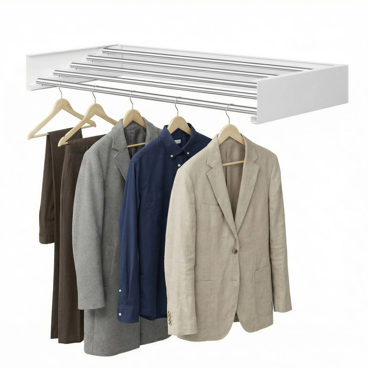 Wall-Mounted Foldable Clothes Drying Rack with Storage Shelf & 5 Hanging Rods, Magnetic Design, for Laundry Room Bathroom, Matte White & Silver