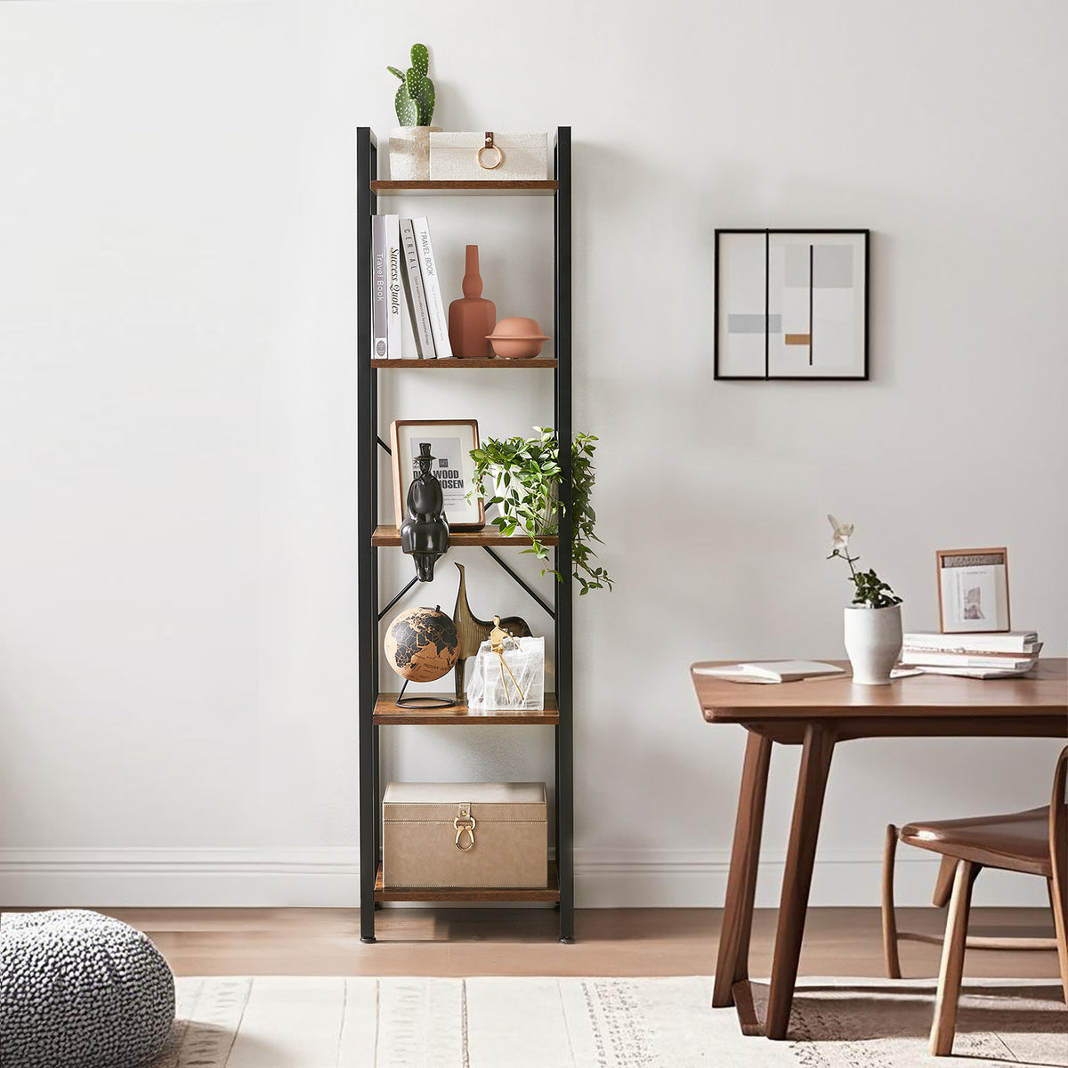 5-Tier Industrial Bookshelf - Steel Frame & Particleboard, 91.5lb Capacity, Space-Saving Design, Wall-Mountable, Rustic Brown and Black