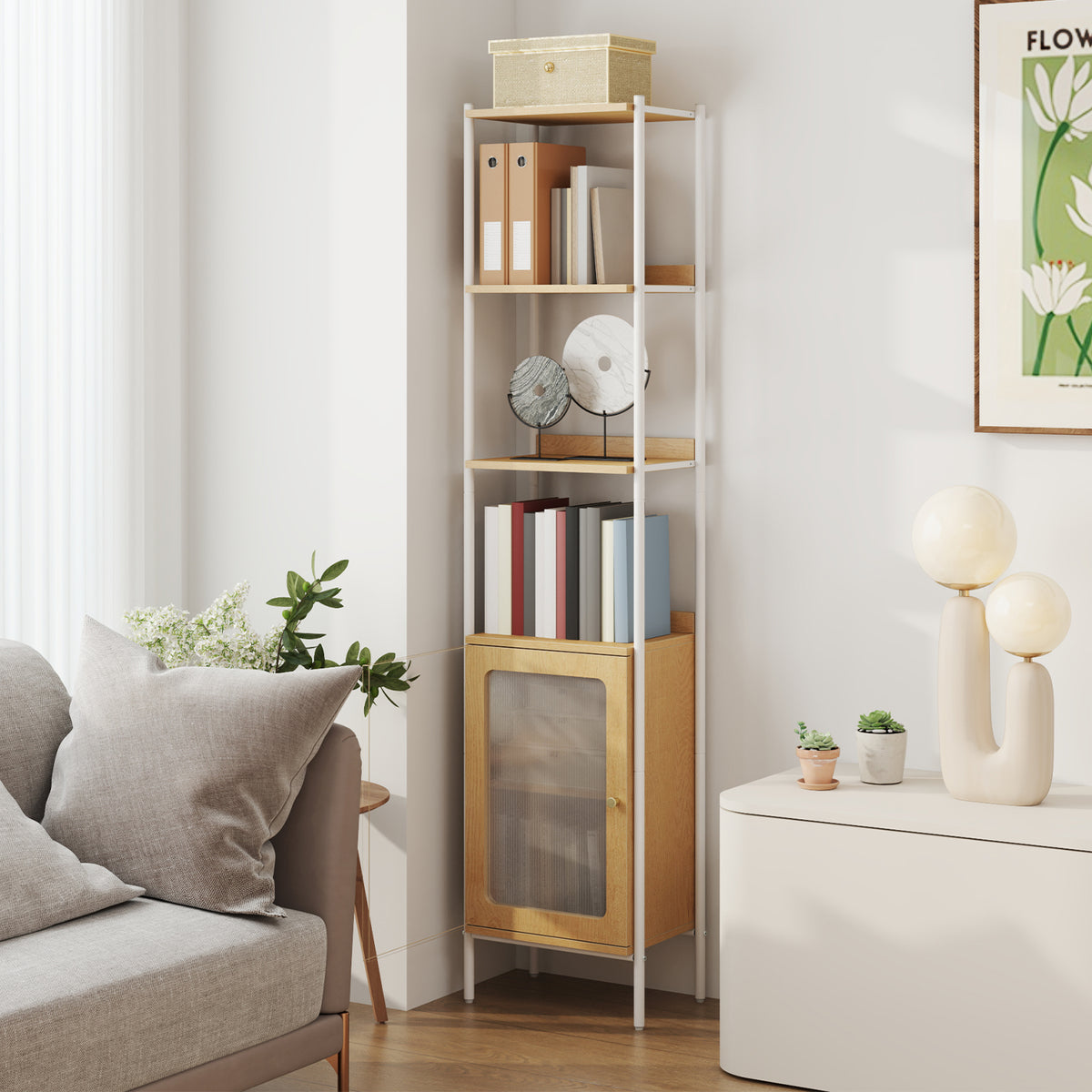 6-Tier Slim Bookcase with PC Door, Adjustable Freestanding Storage Shelf, Vertical Bookshelf with Metal Frame, Oak Beige and Pearl White