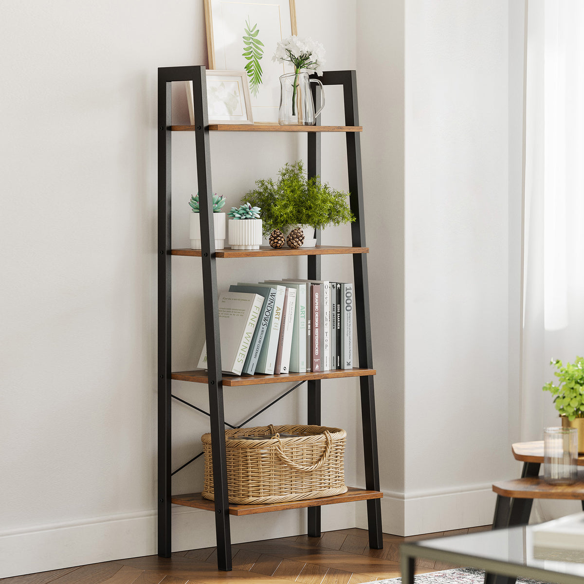 4-Tier Ladder Shelf - Heavy Duty Steel Frame, Multi-Purpose Storage Rack for Home, Office, Easy Assembly, Rustic Brown and Black